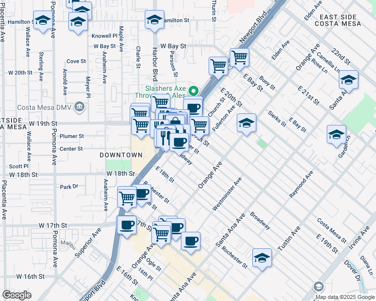 map of restaurants, bars, coffee shops, grocery stores, and more near 119 Flower Street in Costa Mesa