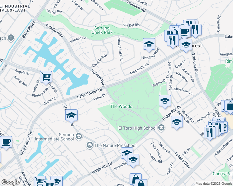 map of restaurants, bars, coffee shops, grocery stores, and more near 24882 Timberwood Way in Lake Forest