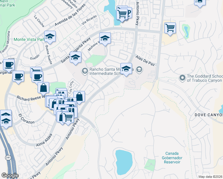 map of restaurants, bars, coffee shops, grocery stores, and more near 1 San Vincente in Rancho Santa Margarita