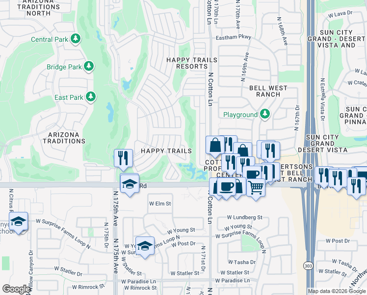 map of restaurants, bars, coffee shops, grocery stores, and more near in Surprise