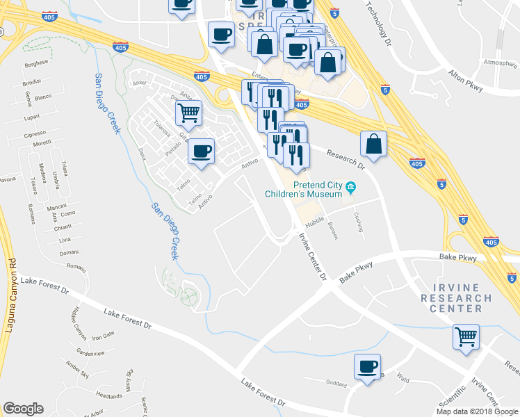 map of restaurants, bars, coffee shops, grocery stores, and more near Lion Country in Irvine