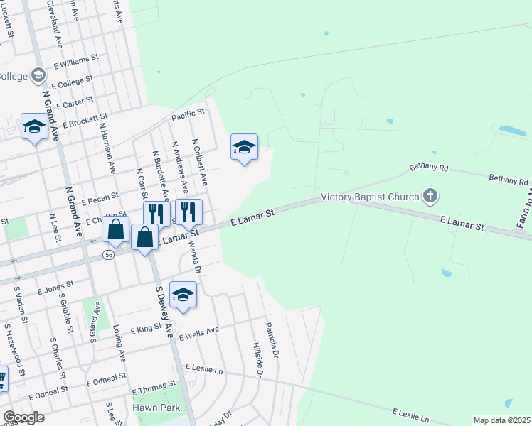 map of restaurants, bars, coffee shops, grocery stores, and more near 2201 East Lamar Street in Sherman