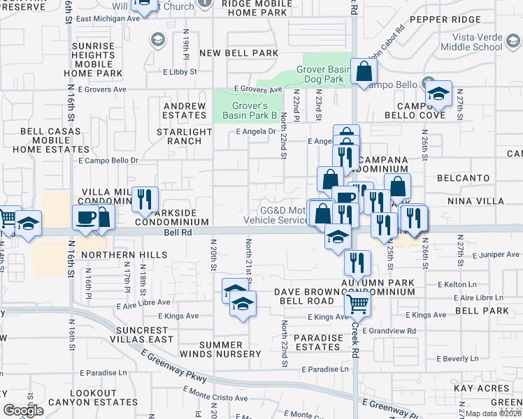 map of restaurants, bars, coffee shops, grocery stores, and more near 2150 East Bell Road in Phoenix