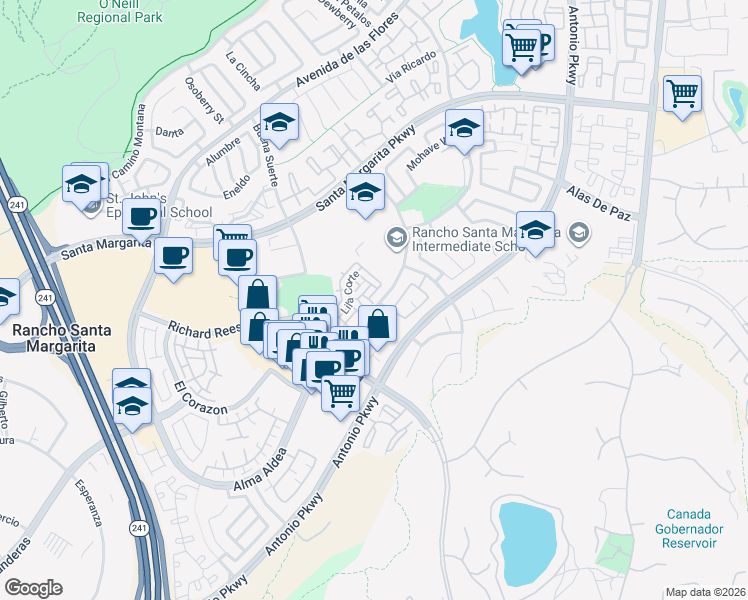 map of restaurants, bars, coffee shops, grocery stores, and more near 20601 Sycamore Drive in Trabuco Canyon