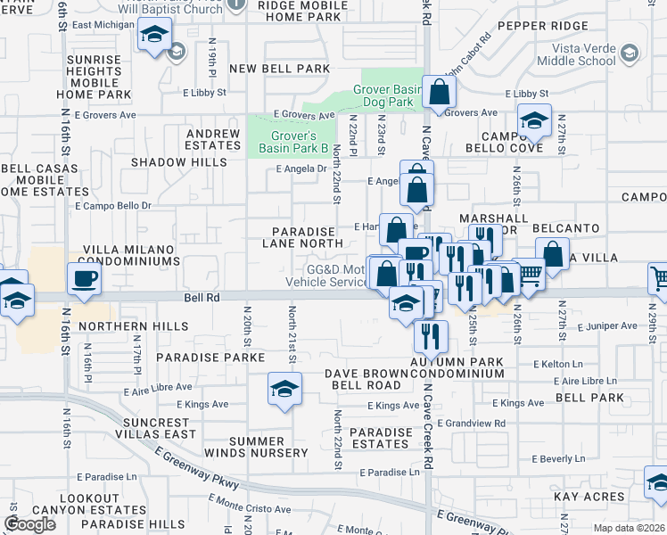 map of restaurants, bars, coffee shops, grocery stores, and more near 2150 East Bell Road in Phoenix