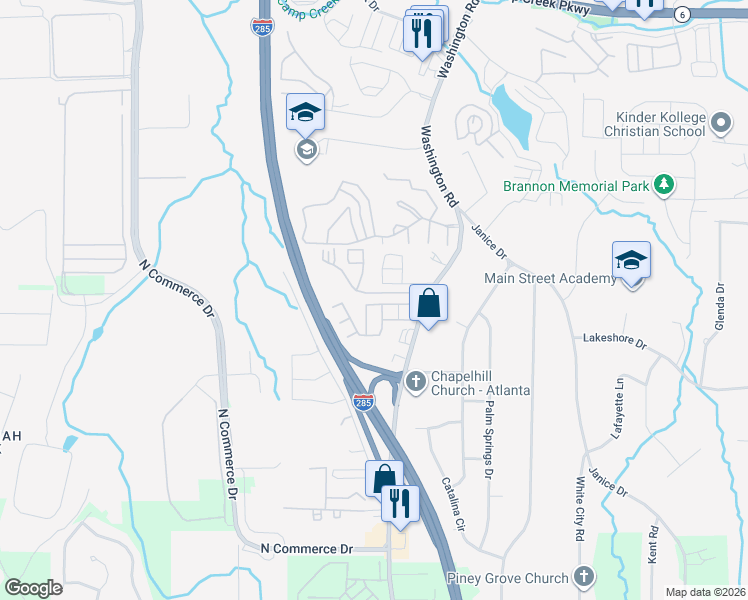 map of restaurants, bars, coffee shops, grocery stores, and more near 4171 Washington Road in East Point