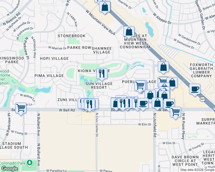 map of restaurants, bars, coffee shops, grocery stores, and more near 14300 West Bell Road in Surprise