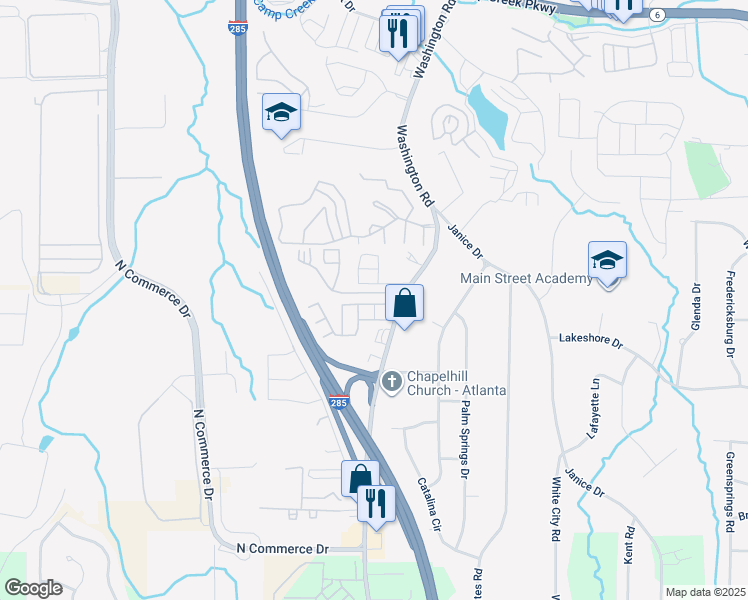map of restaurants, bars, coffee shops, grocery stores, and more near 4275 High Park Lane in East Point