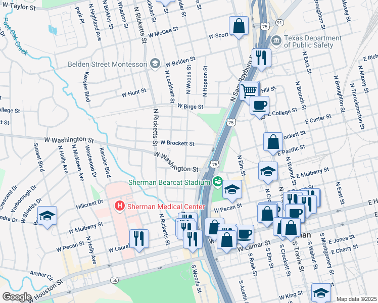 map of restaurants, bars, coffee shops, grocery stores, and more near 719 North Woods Street in Sherman