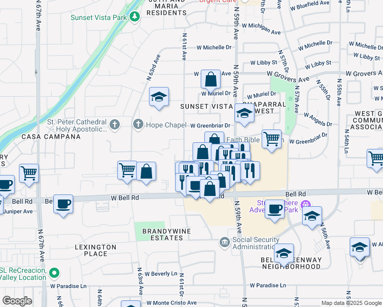 map of restaurants, bars, coffee shops, grocery stores, and more near 6042 West Hartford Avenue in Glendale