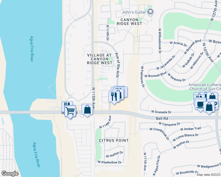 map of restaurants, bars, coffee shops, grocery stores, and more near 11410 West Foxfire Drive in Surprise