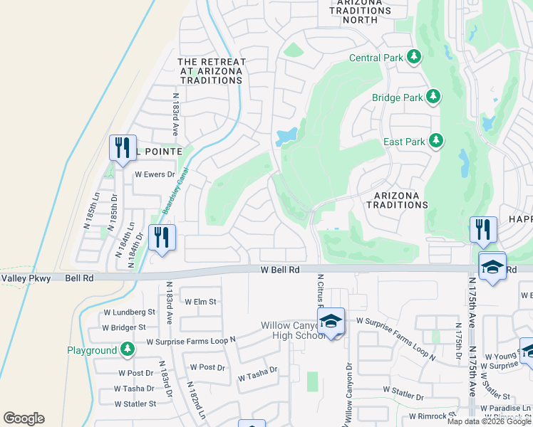 map of restaurants, bars, coffee shops, grocery stores, and more near 17931 West Dawn Drive in Surprise