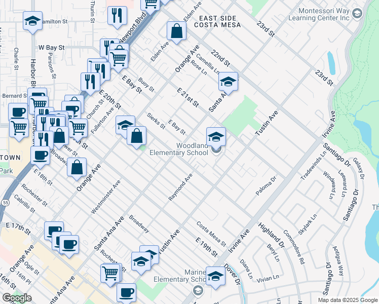 map of restaurants, bars, coffee shops, grocery stores, and more near 2020 Santa Ana Avenue in Costa Mesa