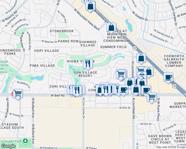 map of restaurants, bars, coffee shops, grocery stores, and more near 14300 West Bell Road in Surprise