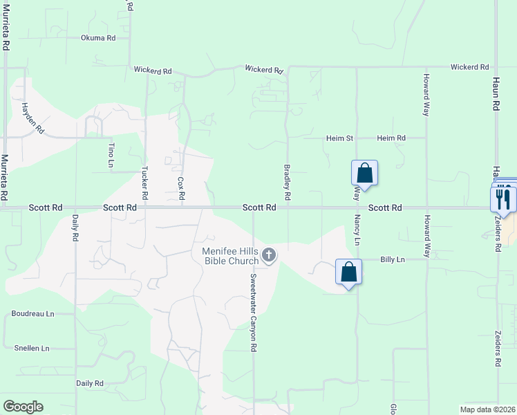 map of restaurants, bars, coffee shops, grocery stores, and more near 26938-26950 Scott Rd in Menifee
