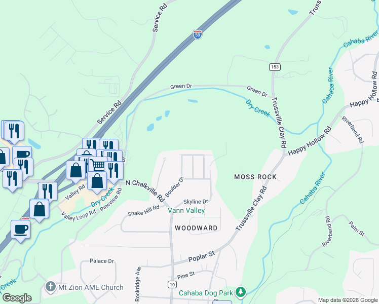 map of restaurants, bars, coffee shops, grocery stores, and more near 5950 Limestone Lane in Trussville