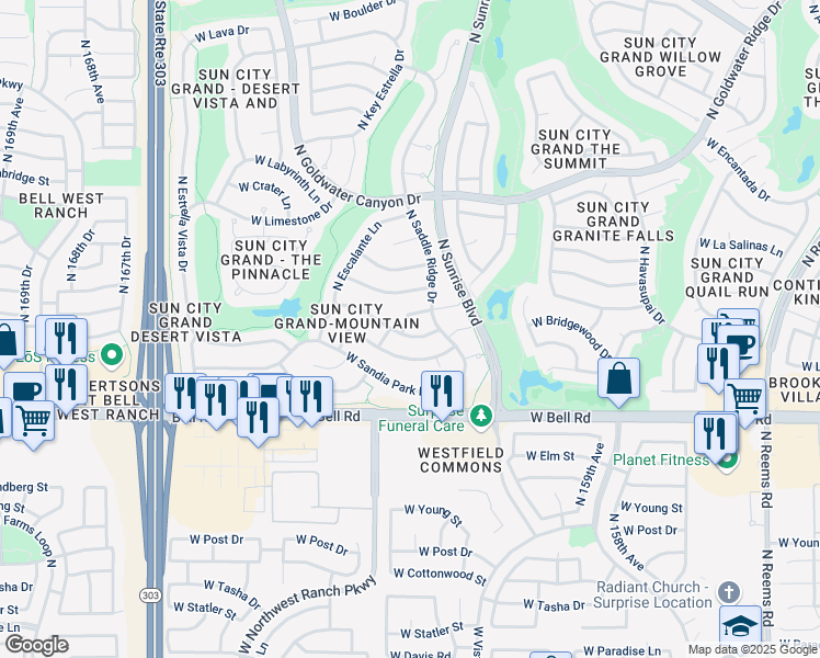 map of restaurants, bars, coffee shops, grocery stores, and more near 16162 West Sun Prairie Lane in Surprise