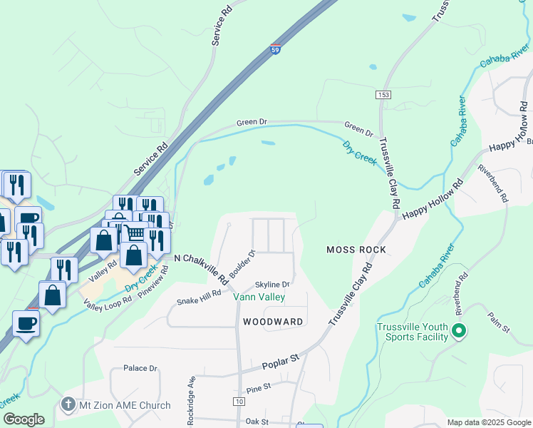 map of restaurants, bars, coffee shops, grocery stores, and more near 5950 Limestone Lane in Trussville