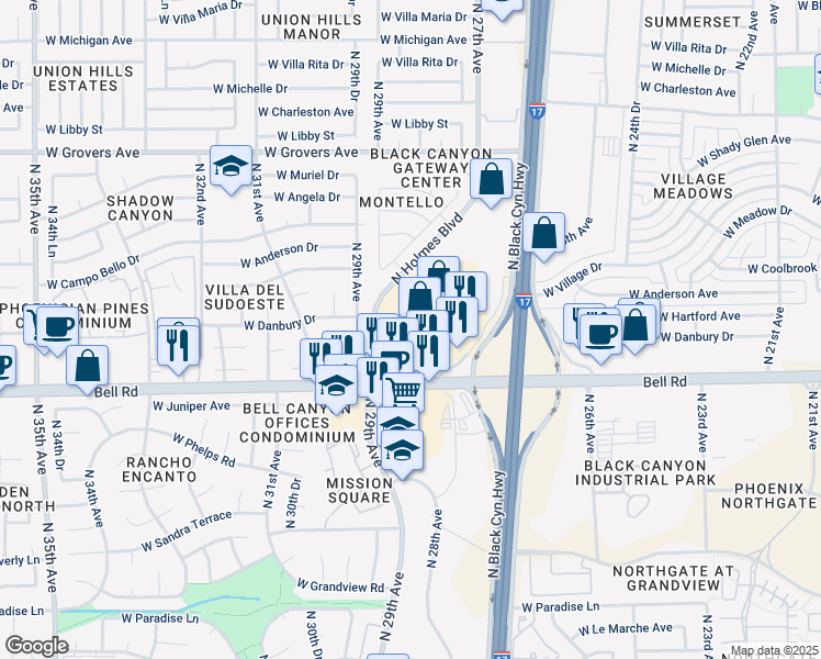 map of restaurants, bars, coffee shops, grocery stores, and more near 17113-17159 North Holmes Boulevard in Phoenix