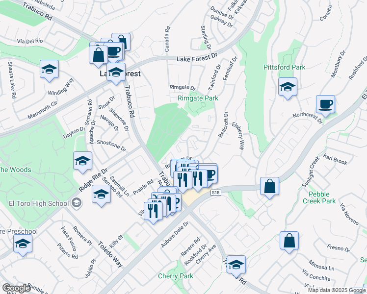 map of restaurants, bars, coffee shops, grocery stores, and more near 25671 Le Parc in Lake Forest