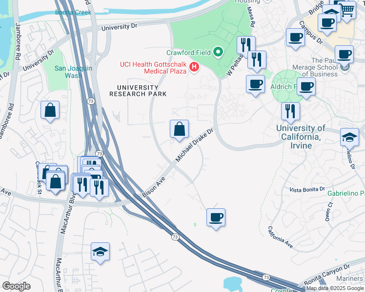 map of restaurants, bars, coffee shops, grocery stores, and more near 900 Health Sciences Road in Irvine