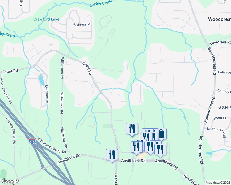map of restaurants, bars, coffee shops, grocery stores, and more near 2833 Village Park Drive East in Ellenwood