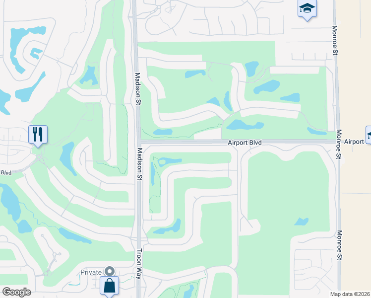 map of restaurants, bars, coffee shops, grocery stores, and more near 81135 Muirfield Village in La Quinta