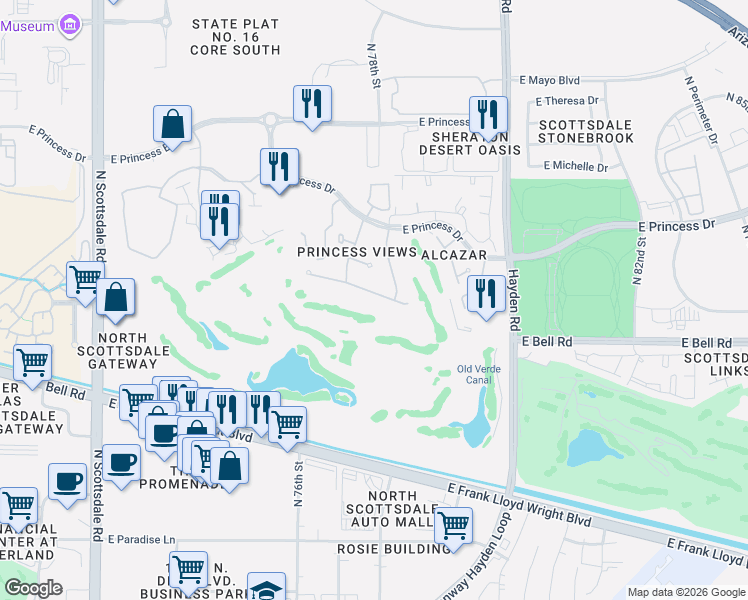 map of restaurants, bars, coffee shops, grocery stores, and more near 7736 East Hartford Drive in Scottsdale