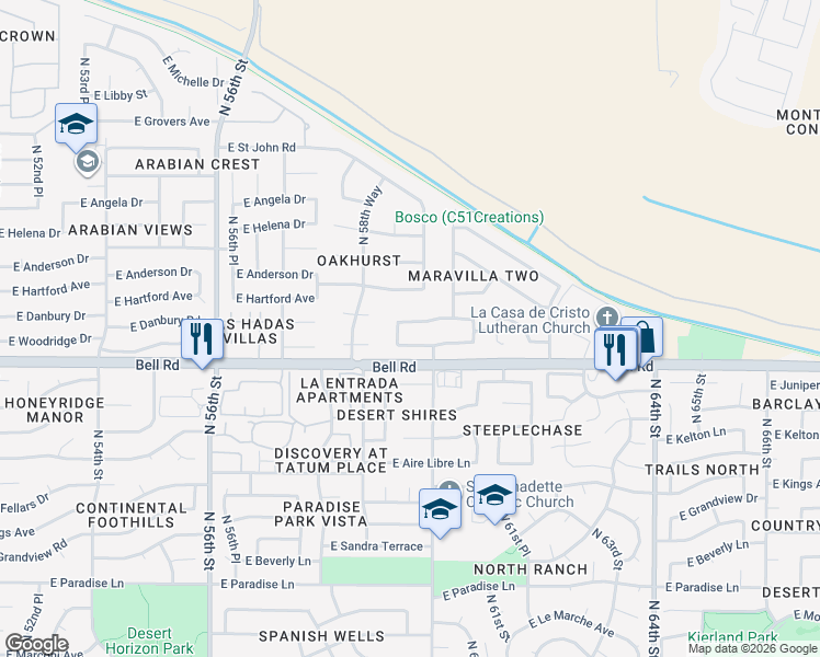 map of restaurants, bars, coffee shops, grocery stores, and more near 5914 East Danbury Road in Scottsdale