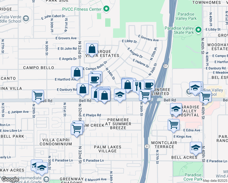 map of restaurants, bars, coffee shops, grocery stores, and more near 3420 East Bell Road in Phoenix
