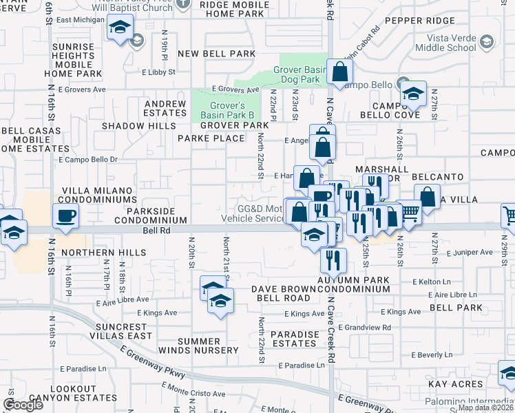 map of restaurants, bars, coffee shops, grocery stores, and more near 17209 North 22nd Street in Phoenix