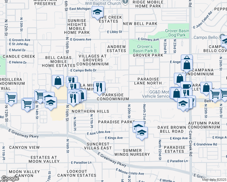 map of restaurants, bars, coffee shops, grocery stores, and more near 1920 East Bell Road in Phoenix