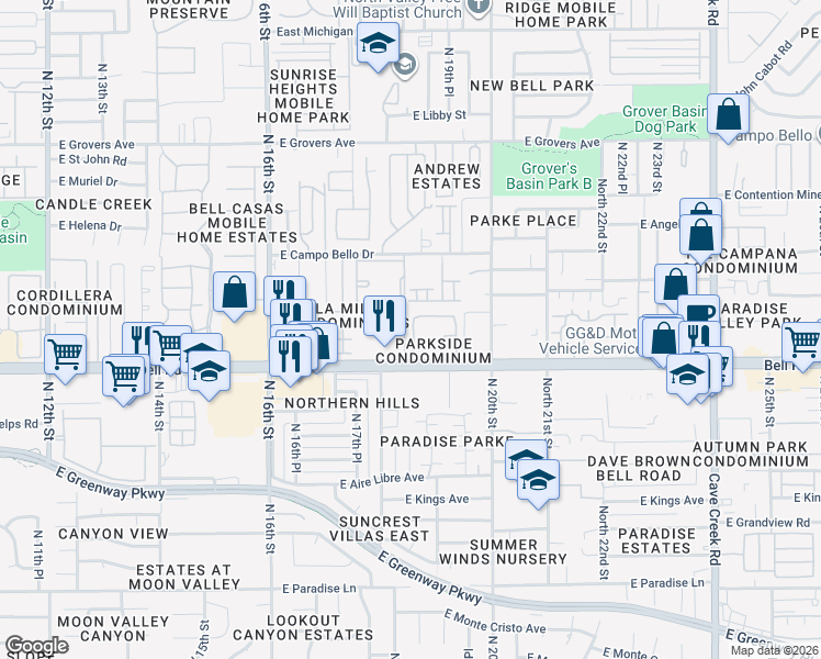 map of restaurants, bars, coffee shops, grocery stores, and more near 1833 East Hartford Avenue in Phoenix