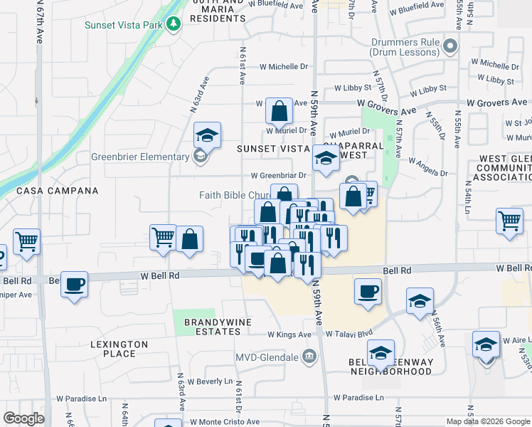 map of restaurants, bars, coffee shops, grocery stores, and more near 6042 West Hartford Avenue in Glendale