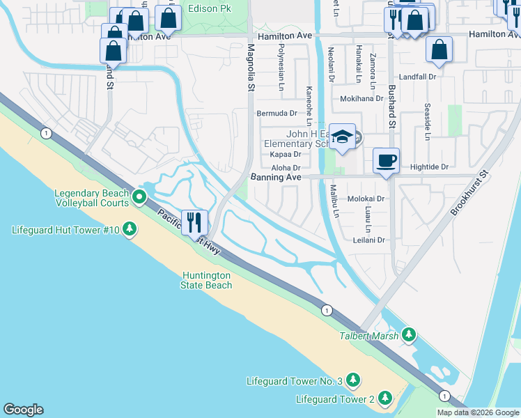 map of restaurants, bars, coffee shops, grocery stores, and more near 9006 Christine Drive in Huntington Beach