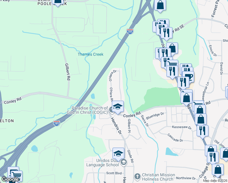 map of restaurants, bars, coffee shops, grocery stores, and more near 4138 O'Hara Road in Forest Park