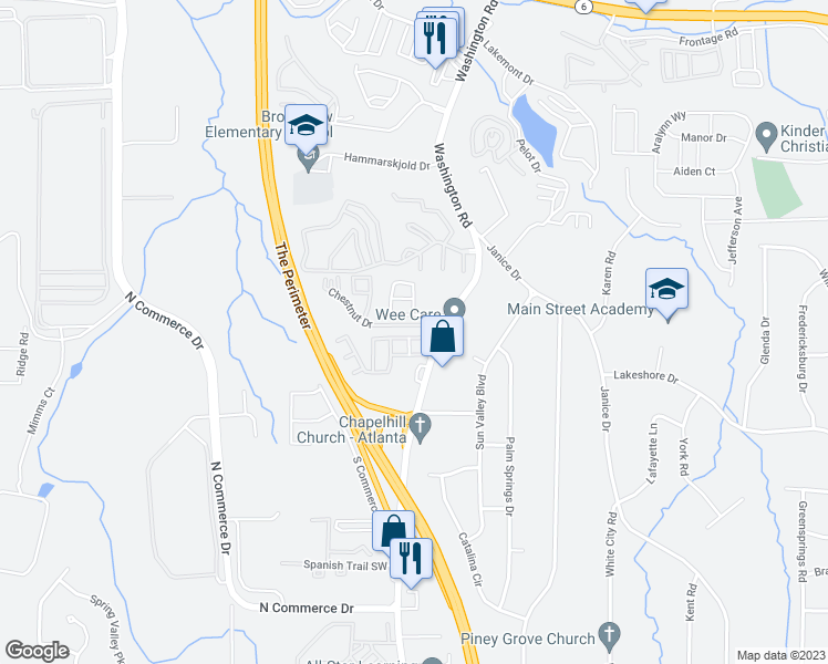 map of restaurants, bars, coffee shops, grocery stores, and more near 4275 High Park Lane in East Point