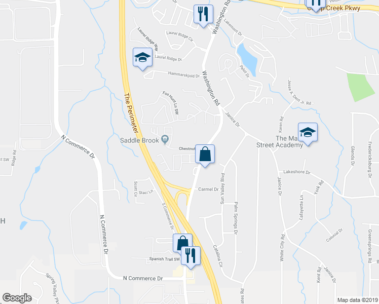 map of restaurants, bars, coffee shops, grocery stores, and more near 4275 High Park Lane in East Point