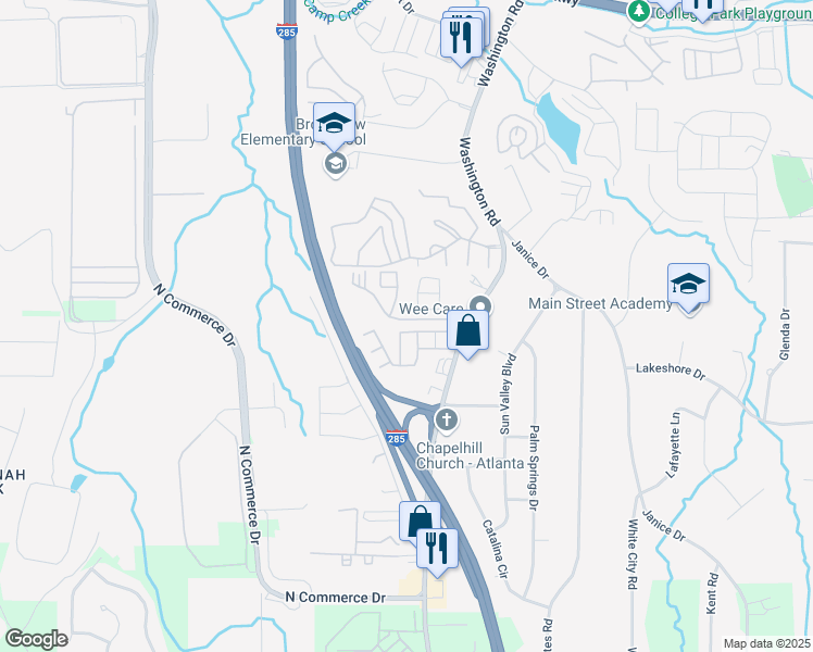 map of restaurants, bars, coffee shops, grocery stores, and more near 4171 Washington Road in East Point