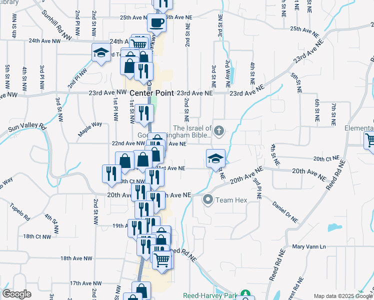 map of restaurants, bars, coffee shops, grocery stores, and more near 201 22nd Avenue Northeast in Center Point