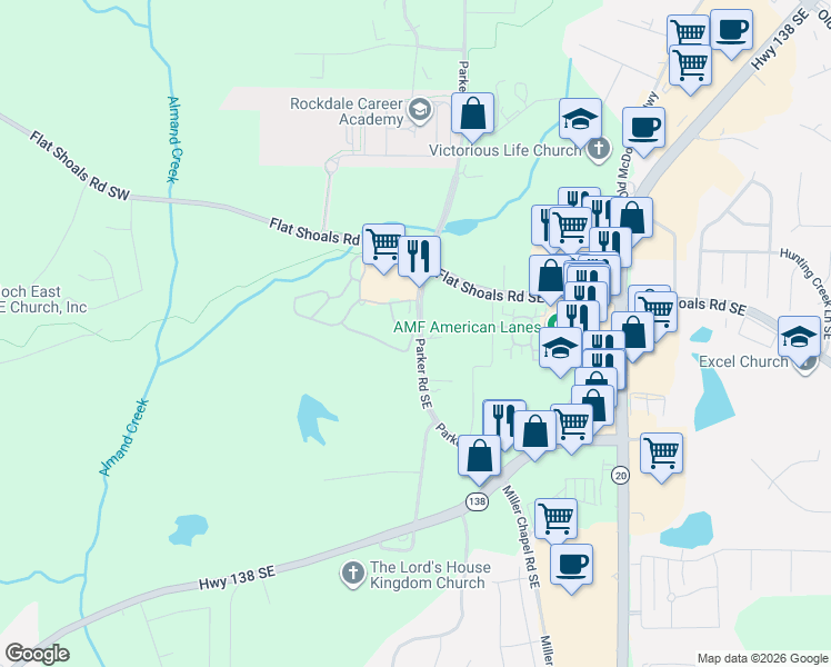 map of restaurants, bars, coffee shops, grocery stores, and more near 1875 Parker Road Southeast in Conyers