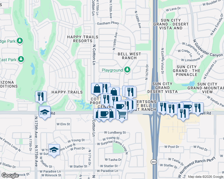 map of restaurants, bars, coffee shops, grocery stores, and more near 16953 West Manchester Drive in Surprise