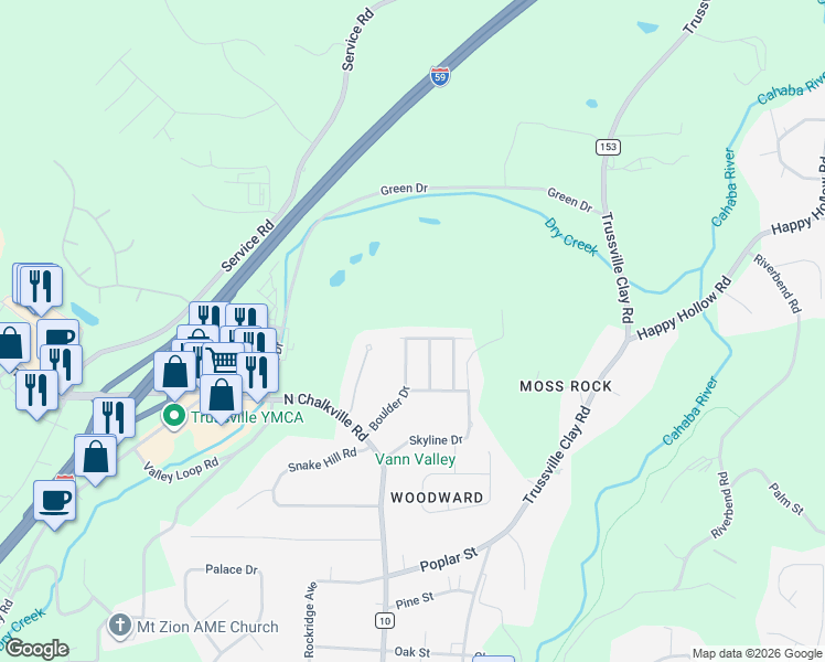 map of restaurants, bars, coffee shops, grocery stores, and more near 5950 Limestone Lane in Trussville