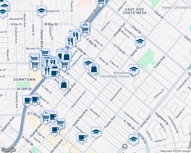 map of restaurants, bars, coffee shops, grocery stores, and more near 244 Walnut Street in Costa Mesa