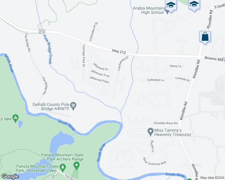 map of restaurants, bars, coffee shops, grocery stores, and more near 4621 Latchwood Drive in Lithonia