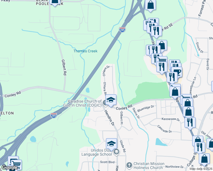 map of restaurants, bars, coffee shops, grocery stores, and more near 4138 O'Hara Road in Forest Park