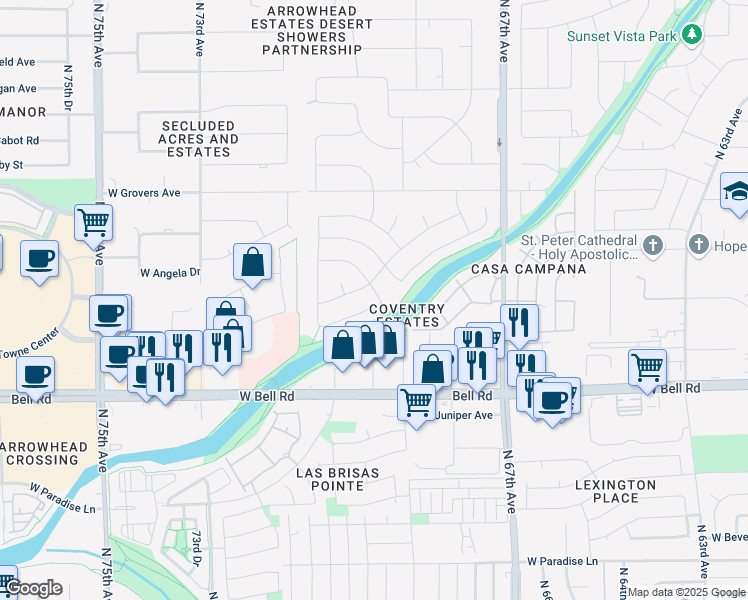 map of restaurants, bars, coffee shops, grocery stores, and more near 7009 West Greenbriar Drive in Glendale