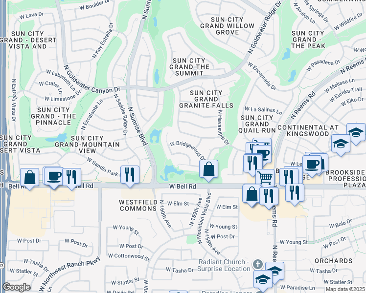 map of restaurants, bars, coffee shops, grocery stores, and more near 15858 West Bridgewood Drive in Surprise
