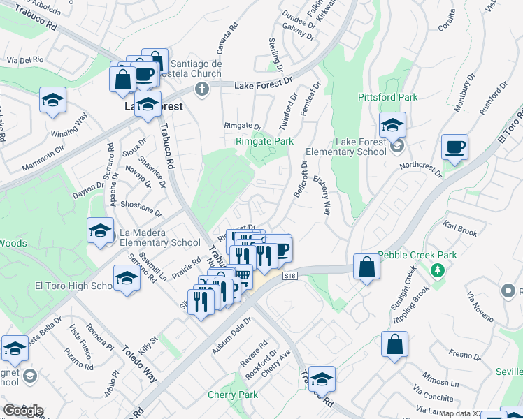 map of restaurants, bars, coffee shops, grocery stores, and more near 25712 Le Parc in Lake Forest