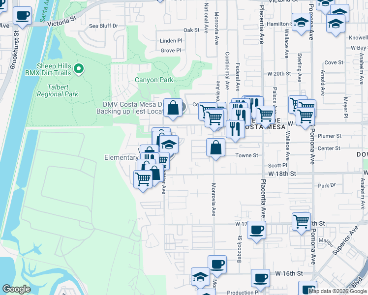 map of restaurants, bars, coffee shops, grocery stores, and more near 1850 Whittier Avenue in Costa Mesa